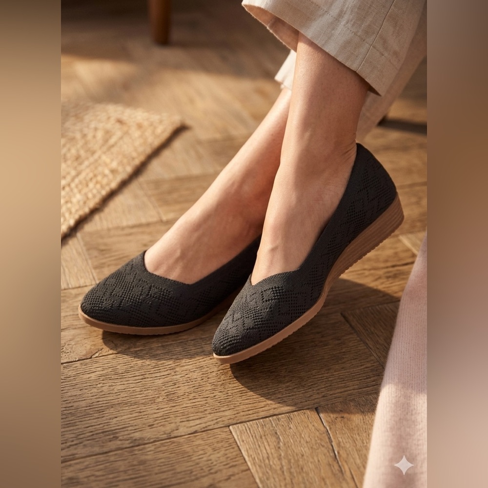 SIZE 7 Skechers® Cleo 2.0 Love Spell Black Knit Wedge Flats Comfort Shoes
